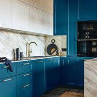 A contemporary kitchen decorated with Babbling Brook teal blue paint from Zhoosh