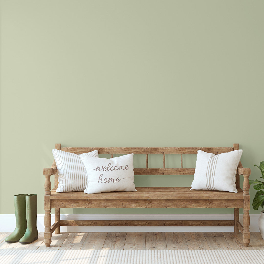 Reception room in Bird Song, a pale green colour paint from Zhoosh.