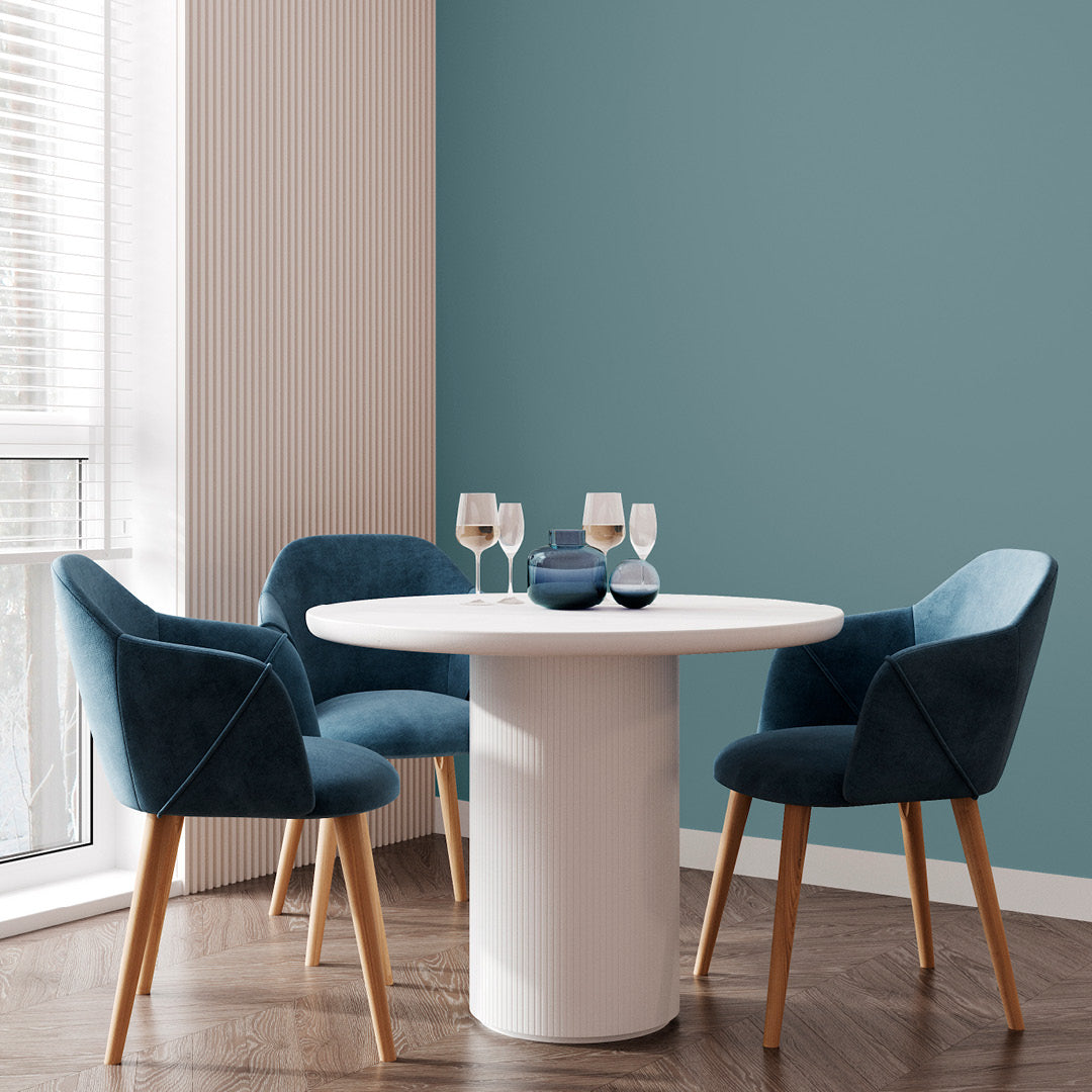 Breakfast area in warm blue paint colours, featuring Crashing Waves from Zhoosh Paints.