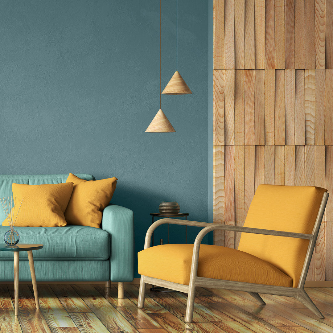 Modern living room in warm blue paint colours, featuring Crashing Waves from Zhoosh Paints.