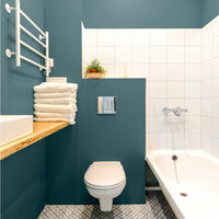 Bathroom in warm blue paint colours, featuring Crashing Waves from Zhoosh Paints.