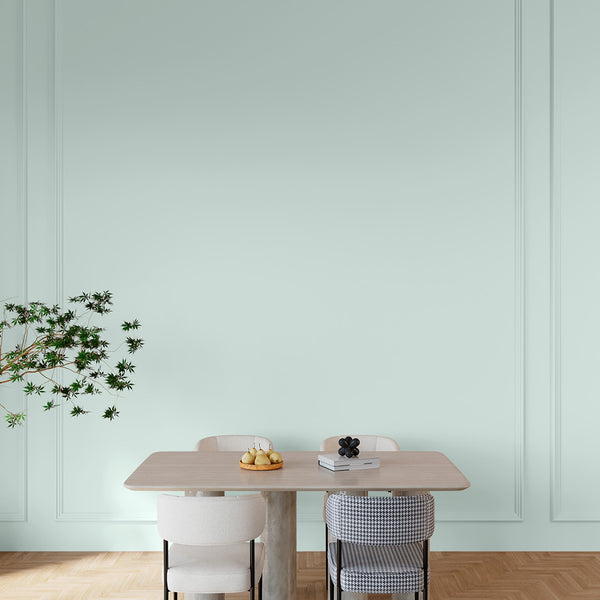 A dining area decorated in Crystal Waters, a light grey blue paint from Zhoosh.