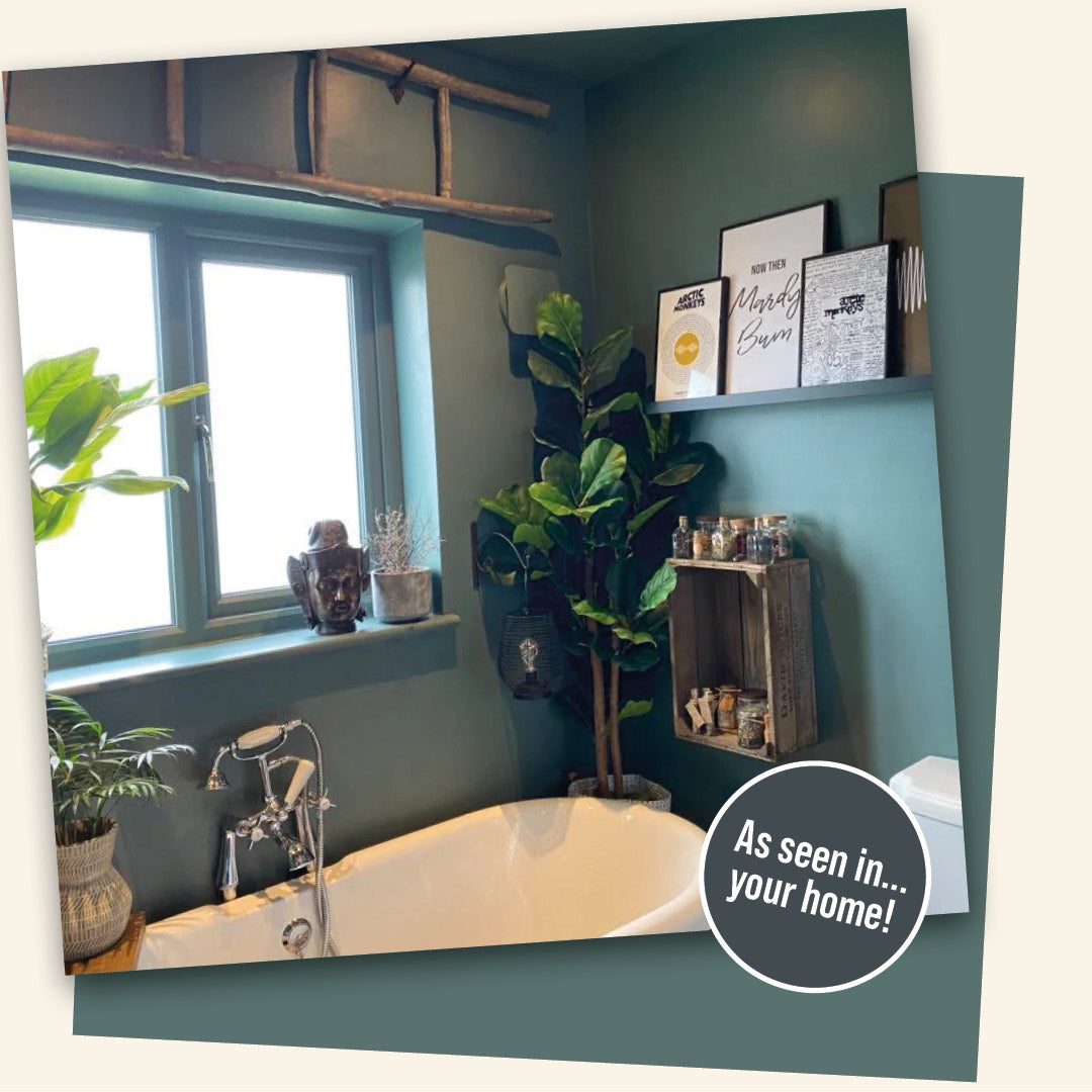 Quirky bathroom decorated in New Forest Fern, a greeny blue paint from Zhoosh.