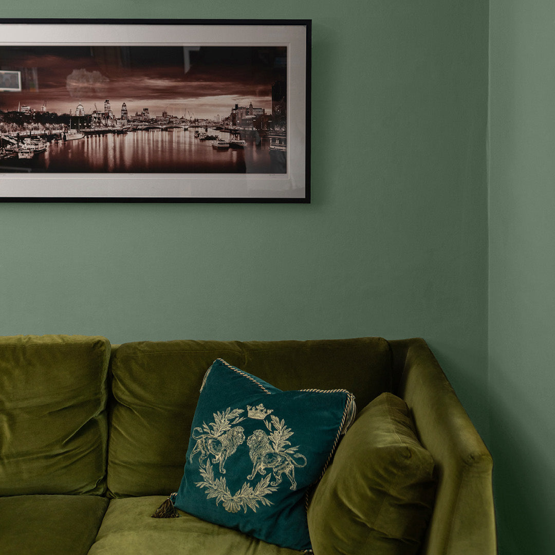 A living room painted in Zhoosh's Emerald Bay, a pale sage green paint in flat matt. 