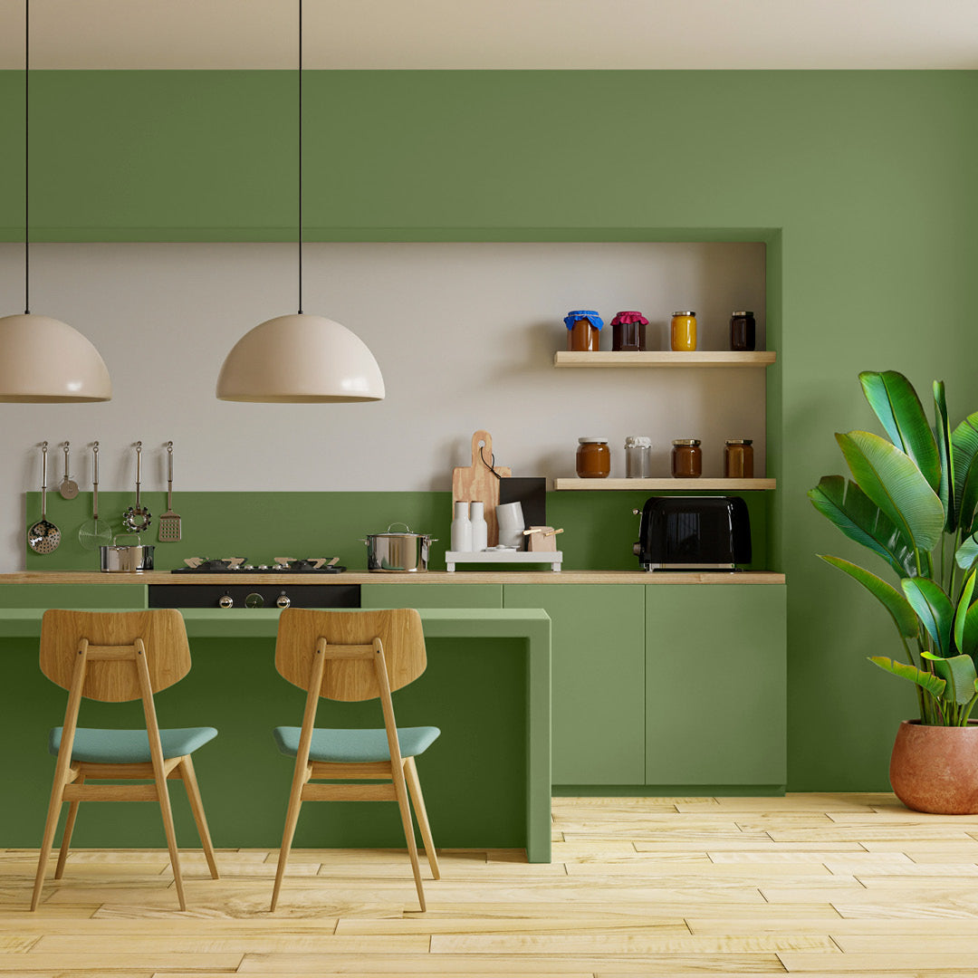 A clean, minimalist kitchen decorated in Forest Bathing, a dark olive green paint from Zhoosh.