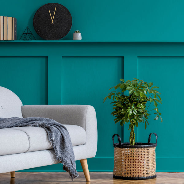 Living room decorated with Freshwater Lagoon, a sea green paint from Zhoosh.