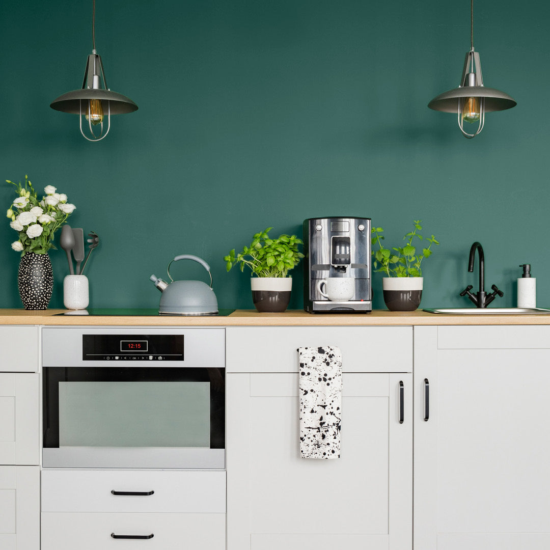 Modern kitchen decorated in In The Canopy, a rich green paint from Zhoosh.