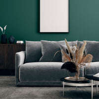 Living room decorated with In the Canopy, a warm green paint colour from Zhoosh.