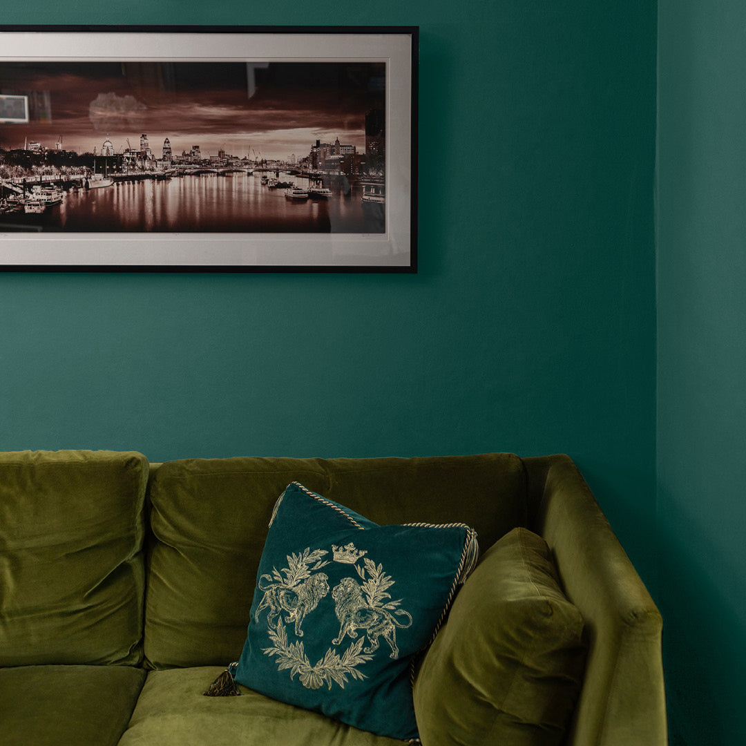 Living room decorated in In The Canopy, a rich green paint from Zhoosh.