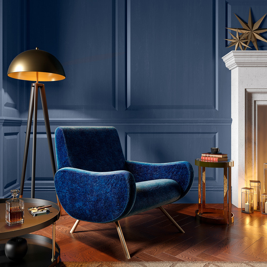 Classic living room decorated in Last Train Home, a navy blue wall paint from Zhoosh.