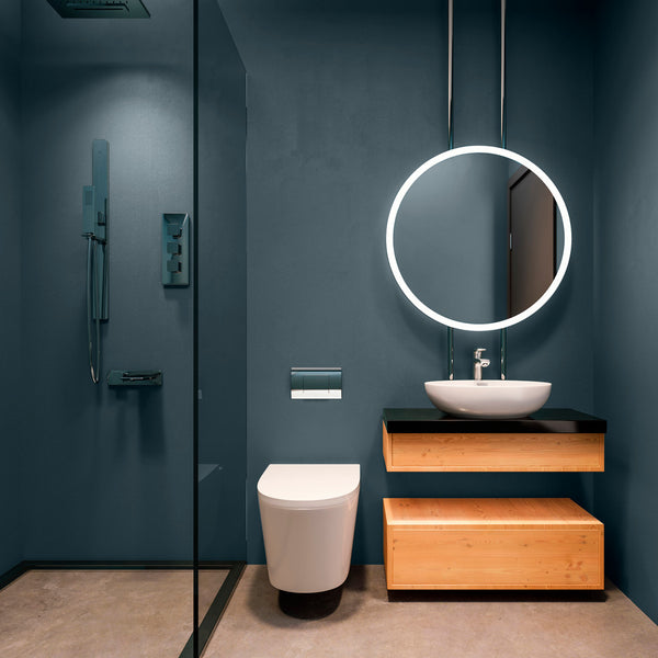 Minimalist bathroom decorated in Midnight Hue, a blue-black paint from Zhoosh.