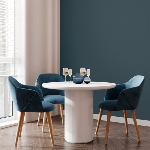 Dining area decorated in Midnight Hue, a dark blue grey paint from Zhoosh.