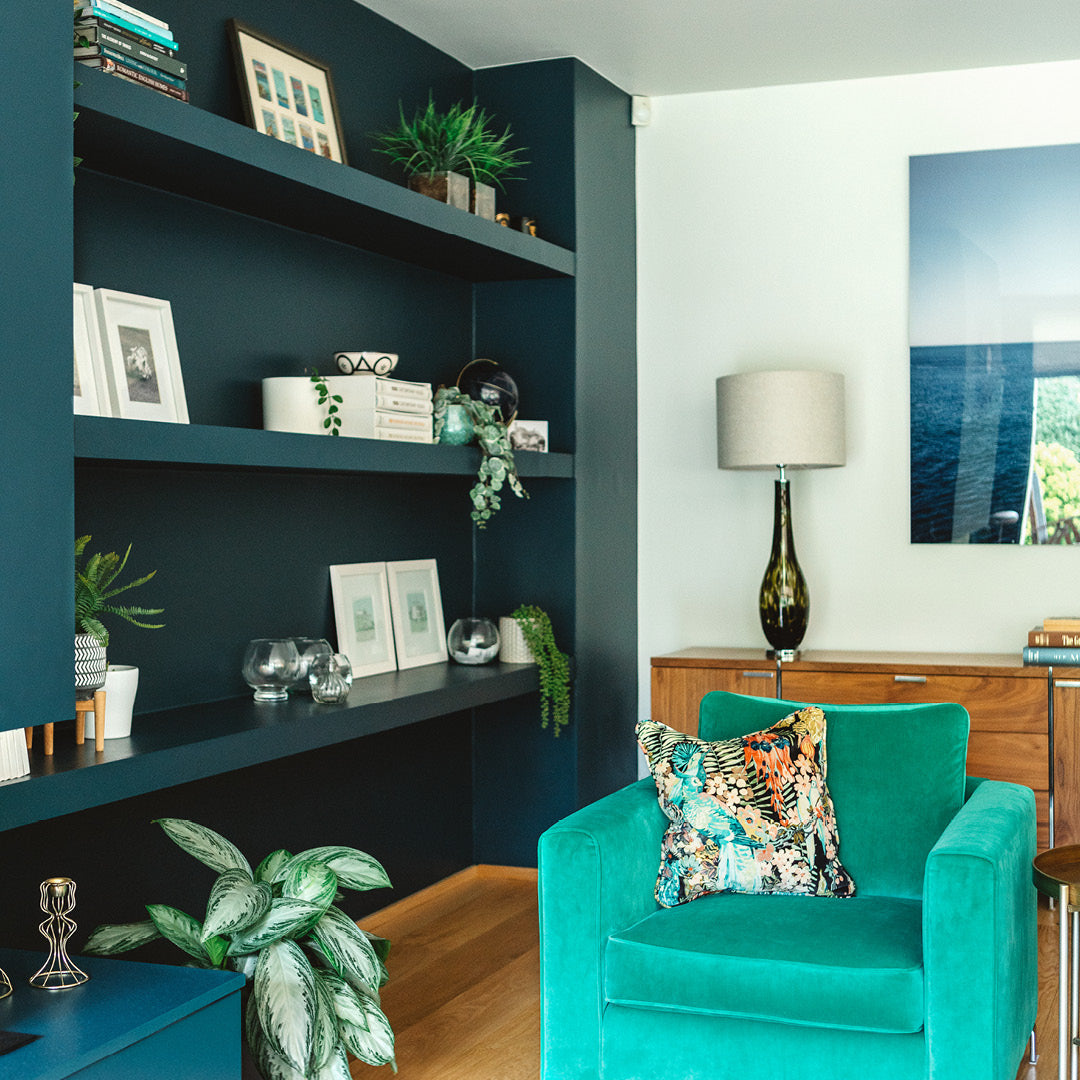 Alcove decorated with a colour wash in Midnight Hue, a blue-black paint from Zhoosh.