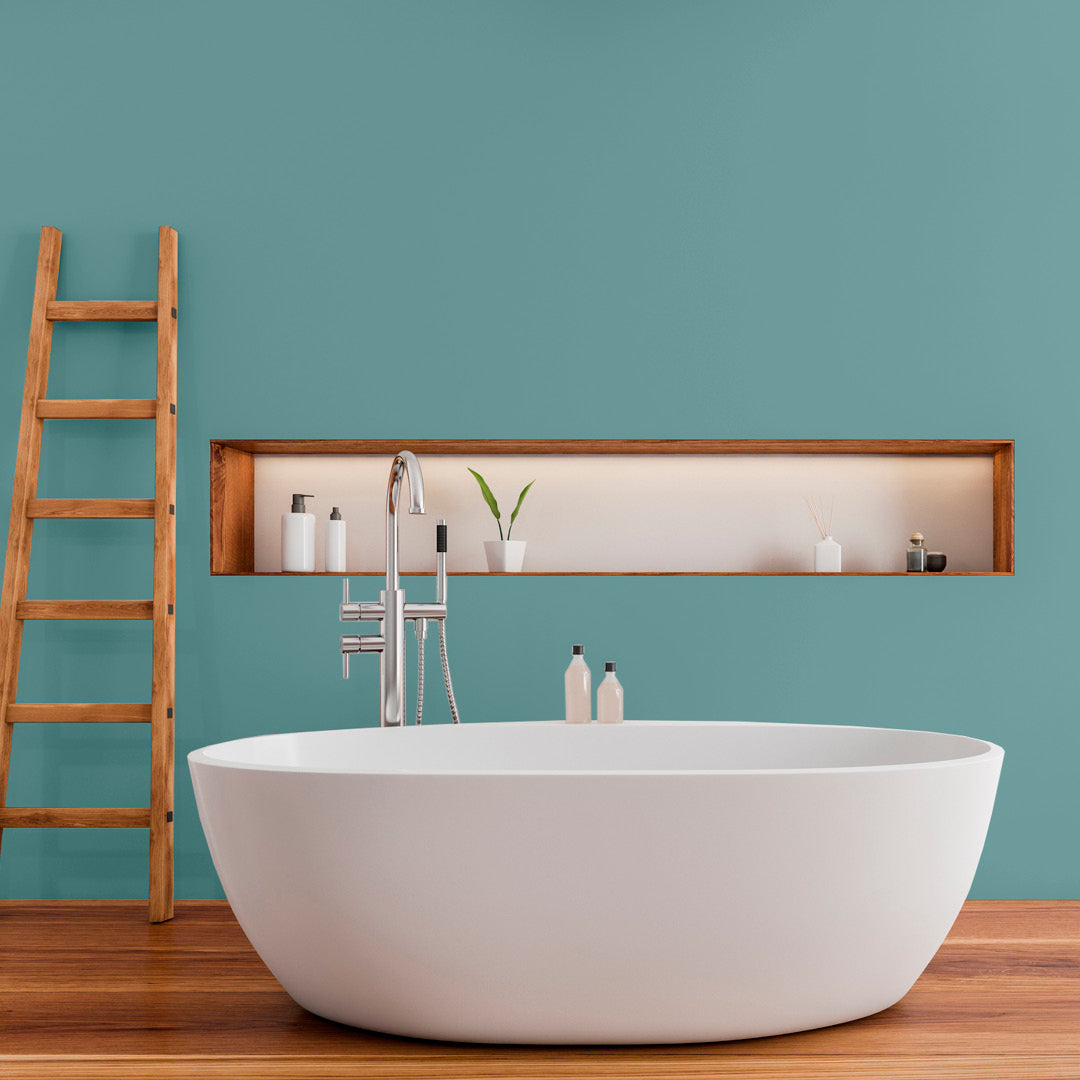 Clean, minimalist bathroom decorated in Mirror Lake, a blue grey green paint from Zhoosh.