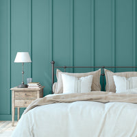 Clean, modern bedroom decorated in Mirror Lake, a blue grey green paint from Zhoosh.