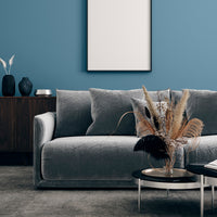 Minimalist, modern living room decorated in Morning Dip, a blue slate paint from Zhoosh.