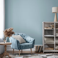 Corner of a stylish living room with walls decorated in Ocean Breeze, a greyish blue paint from Zhoosh.