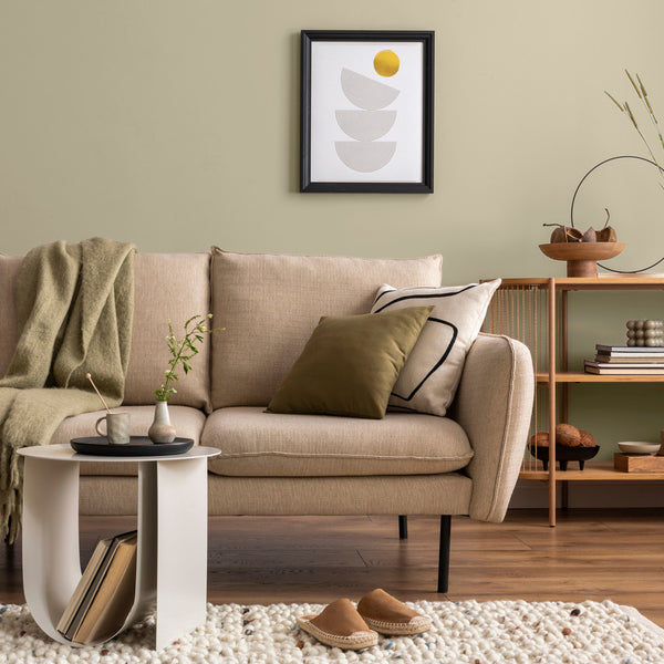 Classic country living room decorated in Olive Tree, a green beige paint colour from Zhoosh.