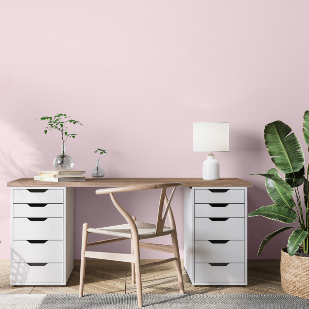 A home office decorated with Quiet Meadow, a lavender paint from Zhoosh.