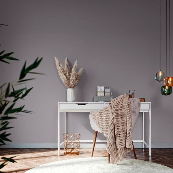 A bedroom dressing table with walls decorated with Raindrops, a steel grey paint from Zhoosh.