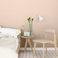 Minimalist bedroom set against a wall decorated with Rosebud, a chalky pink paint from Zhoosh.